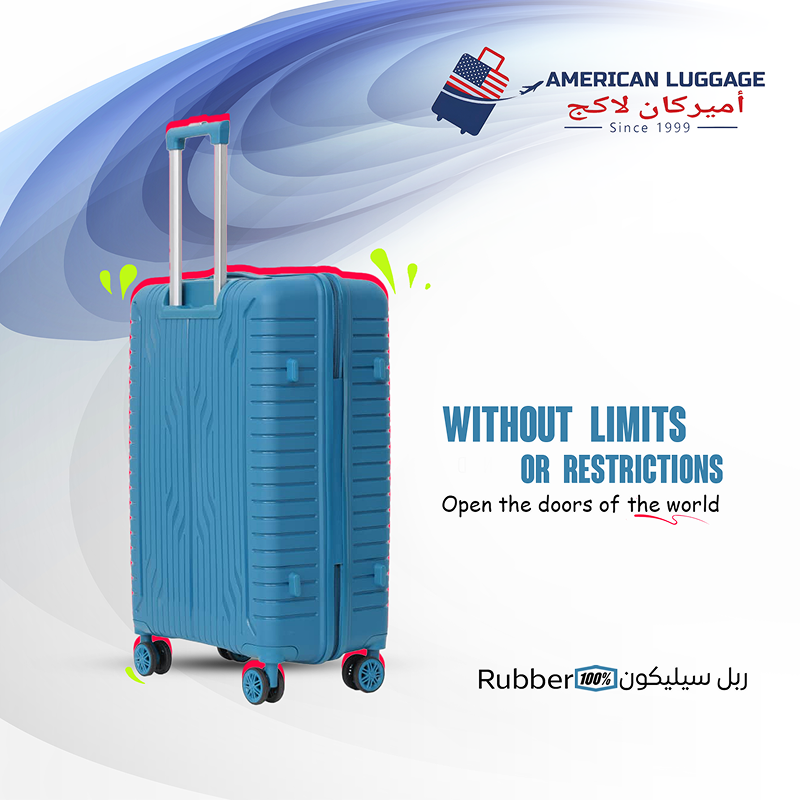 American Luggage blue suitcase with text about durability